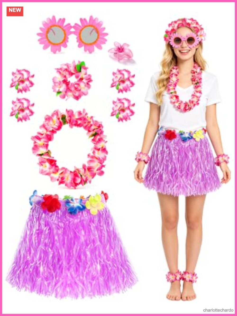 9 Piece Hawaiian Hula Grass Skirt Costume Set with Lei Flower Accessories